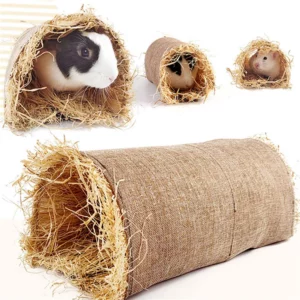 Tunnel cachette en paille et tissu pour hamster, lapin et rongeurs