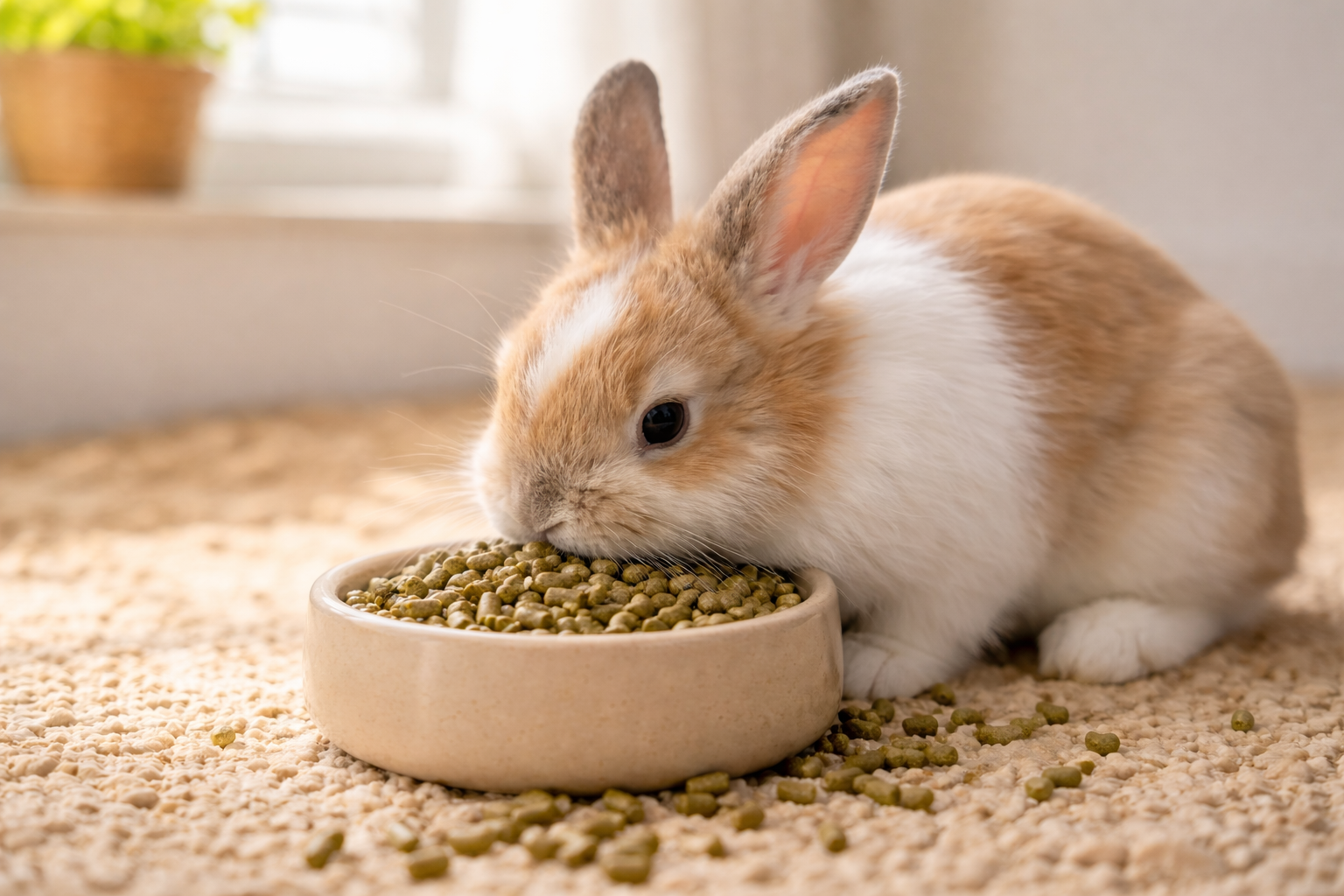 lapin mangeant des granulés dans une gamelle